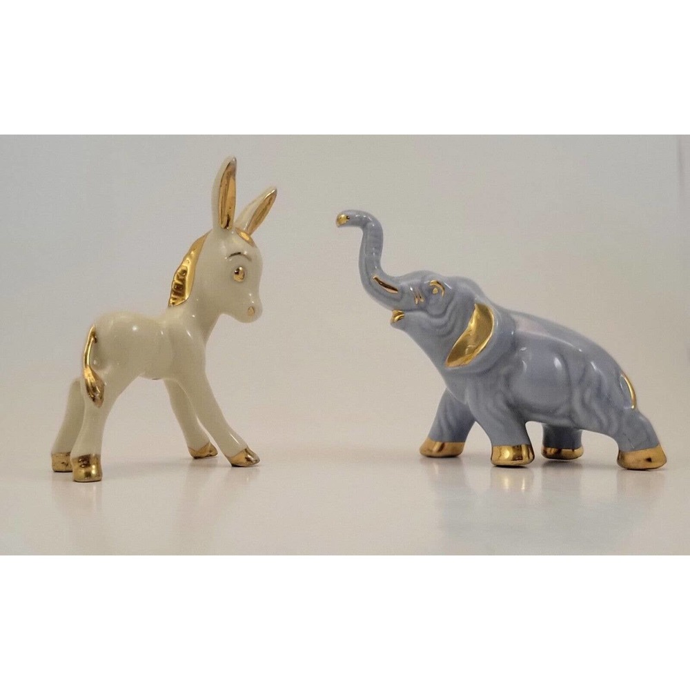Vintage Grindley White Donkey & Blue Elephant W/ Gold Trim Figurines Pottery MCM
